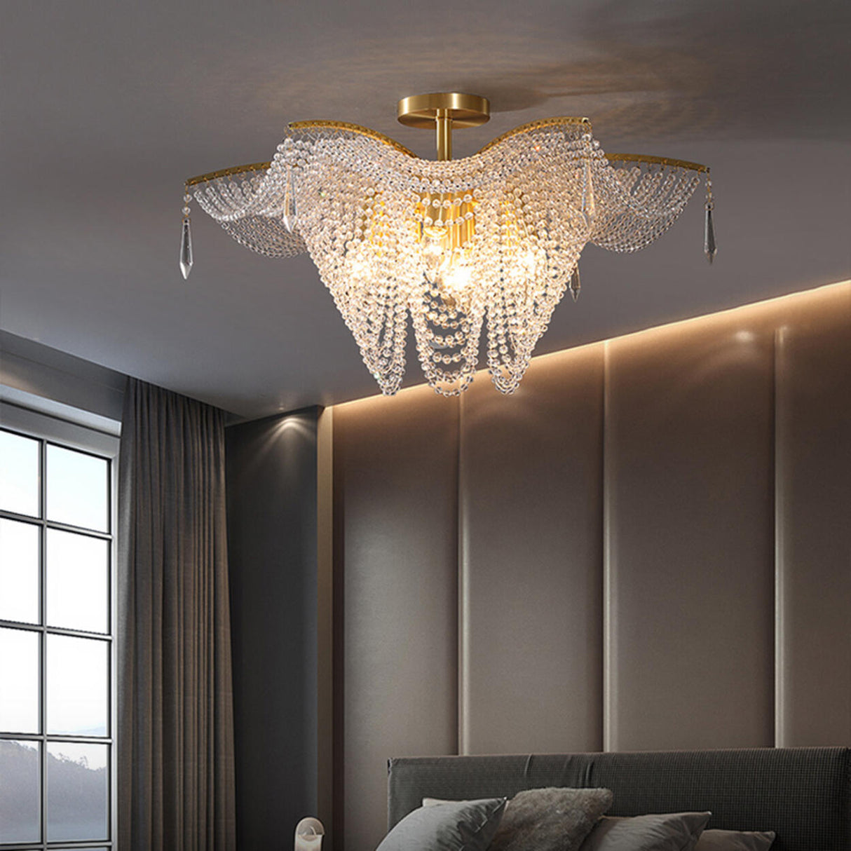 Luxury Cascading Crystal Bead Flush Mount Ceiling Light Image - 12