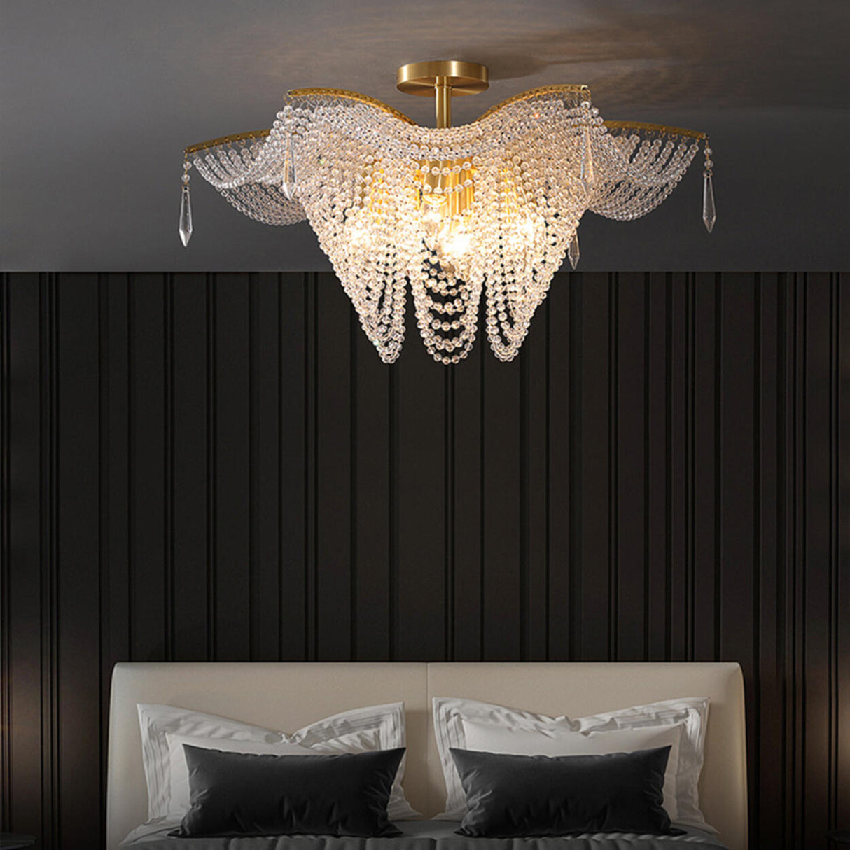 Luxury Cascading Crystal Bead Flush Mount Ceiling Light Image - 13