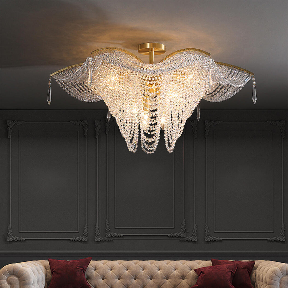 Luxury Cascading Crystal Bead Flush Mount Ceiling Light Image - 3