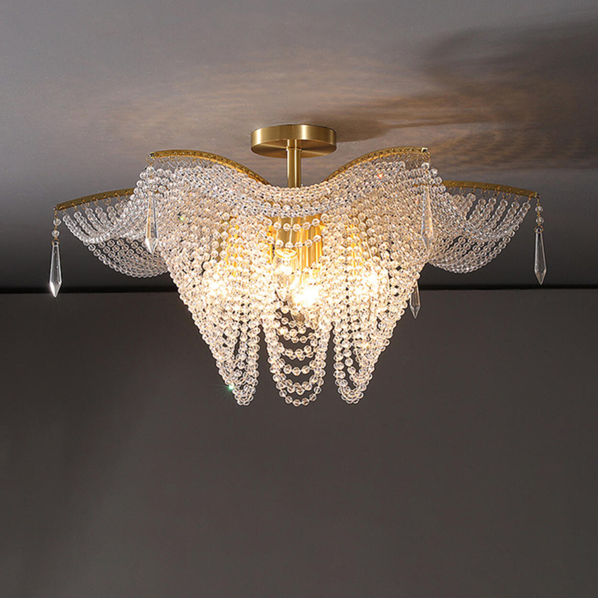 Luxury Cascading Crystal Bead Flush Mount Ceiling Light Image - 7