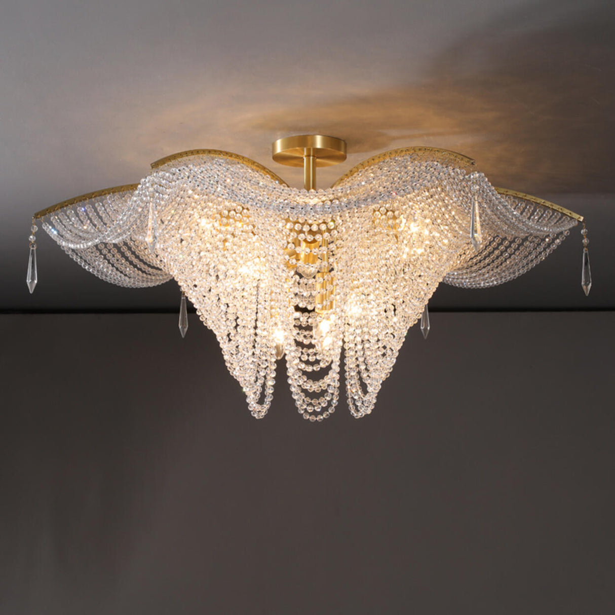 Luxury Cascading Crystal Bead Flush Mount Ceiling Light Image - 8