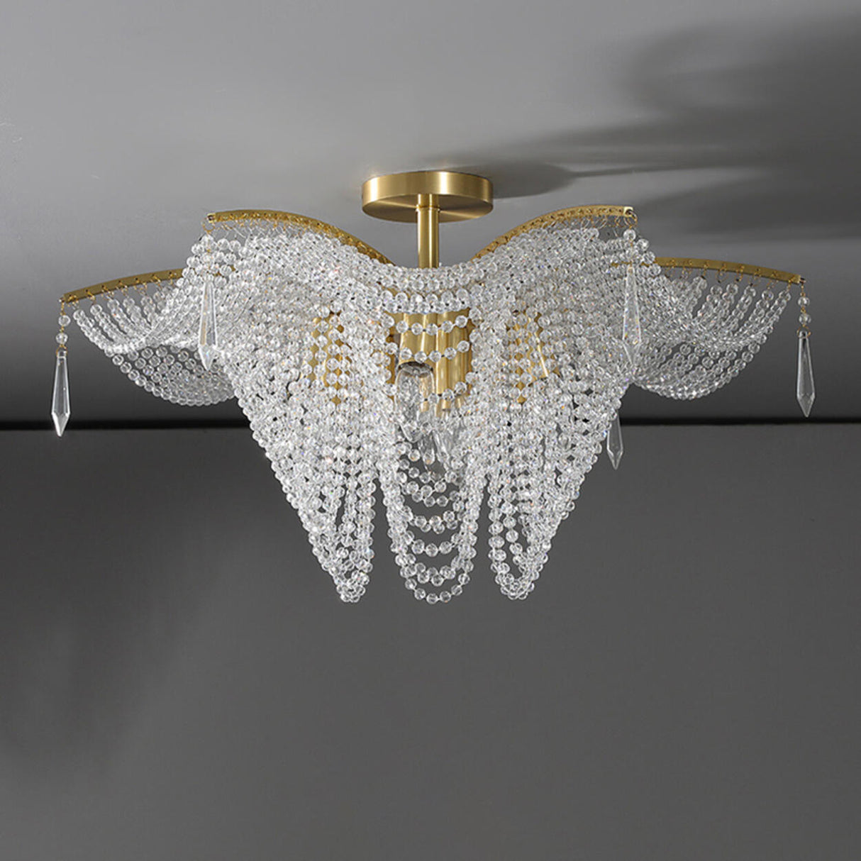 Luxury Cascading Crystal Bead Flush Mount Ceiling Light Image - 9