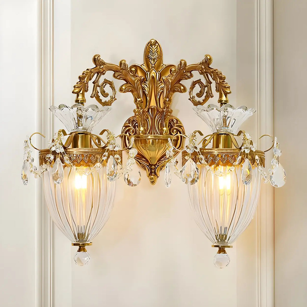 Luxury Crystal Wall Sconce with Gold Finish, Double Light Image - 2