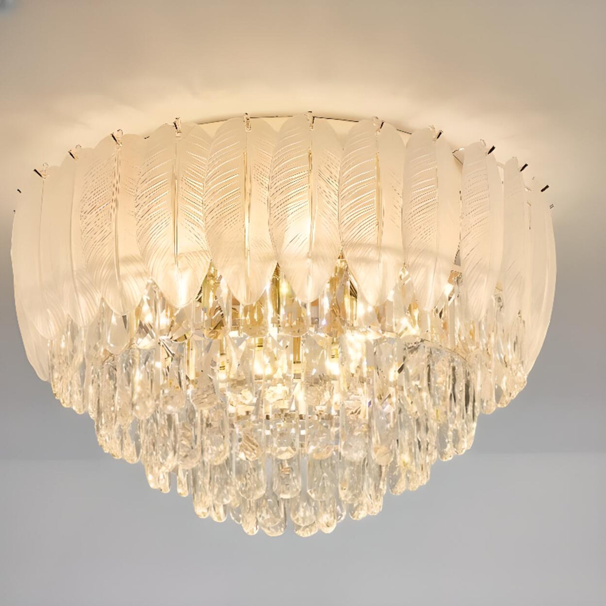 Luxury Feather Crystal Flush Mount Light Living Room Image - 3