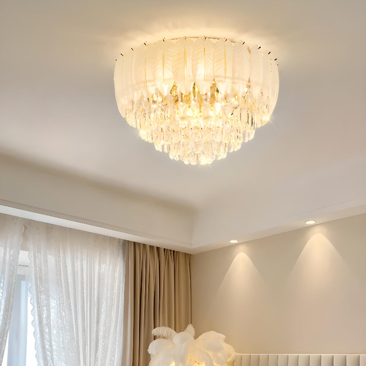 Luxury Feather Crystal Flush Mount Light Living Room Image - 6