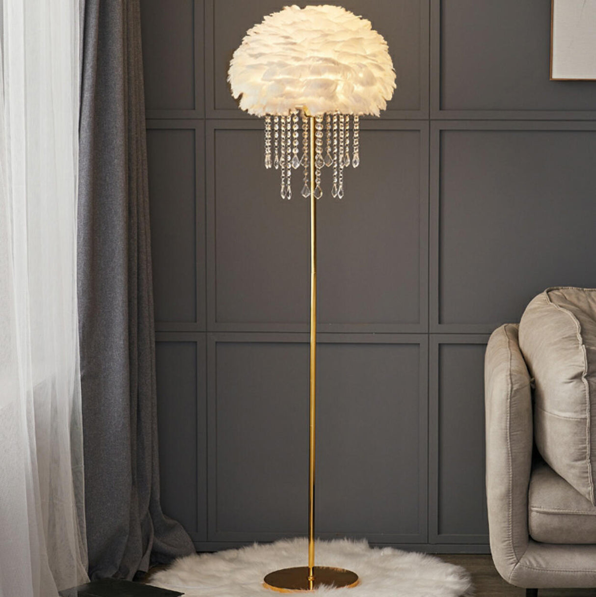 Luxury Feather Crystal Pendant Accents Floor Lamp Image - 4