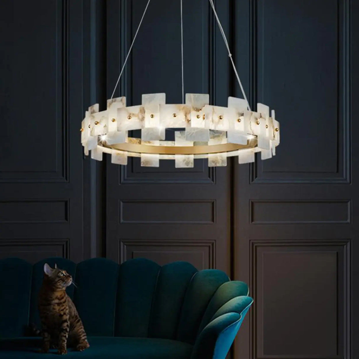 Luxury Gold Circular Alabaster Chandelier for Dining Room Image - 1