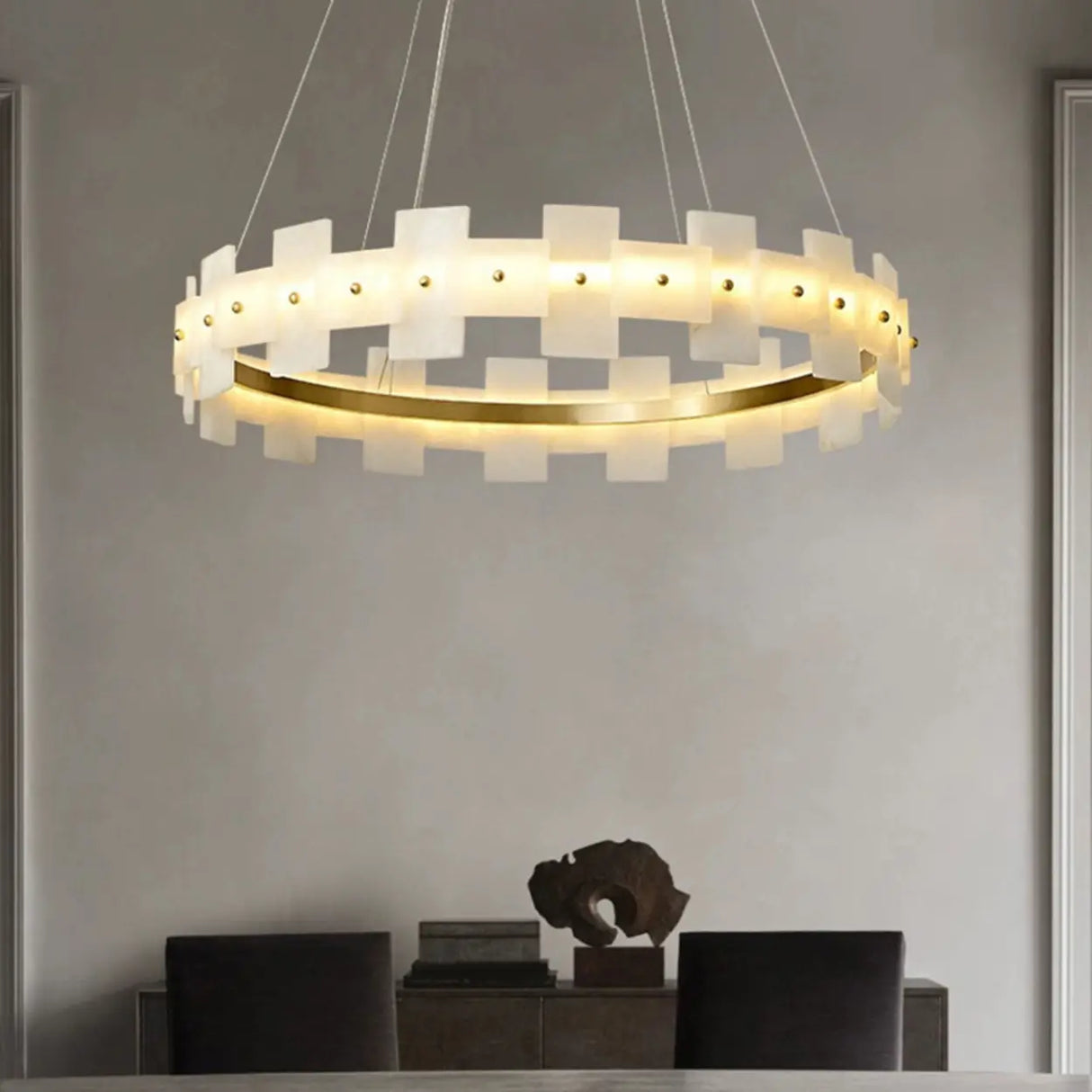 Luxury Gold Circular Alabaster Chandelier for Dining Room Image - 6