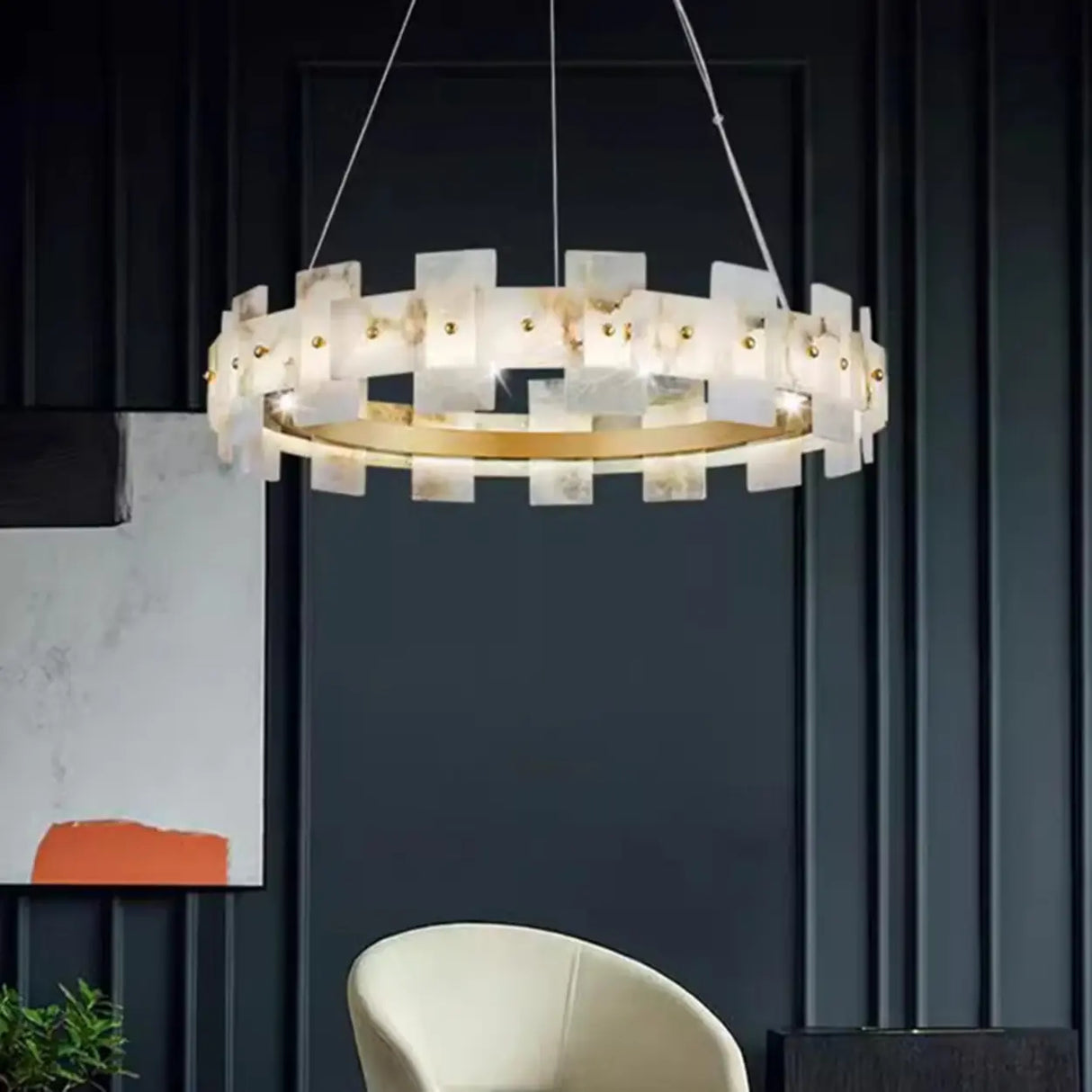 Luxury Gold Circular Alabaster Chandelier for Dining Room Image - 7