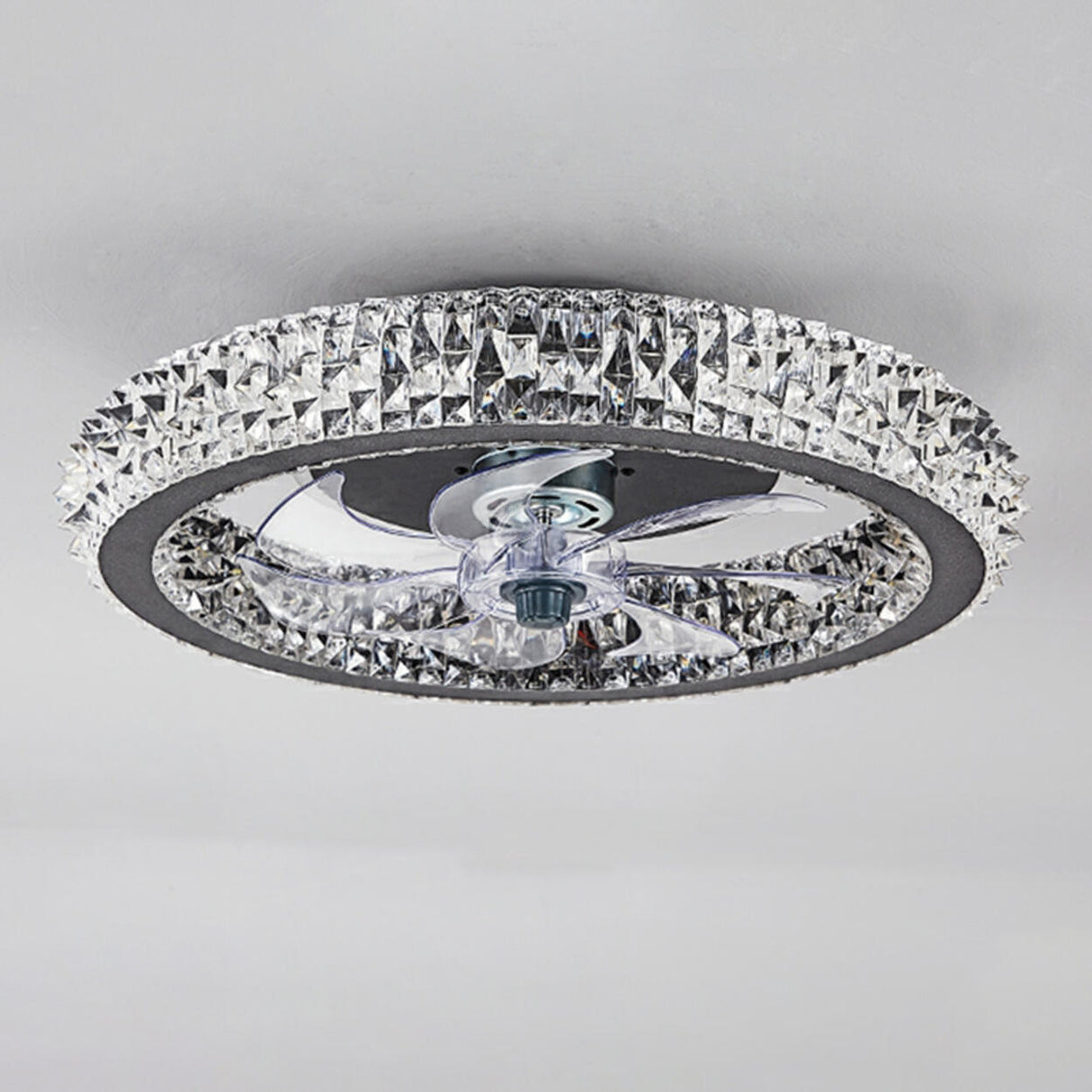 Luxury Gold Circular Crystal Flush Ceiling Fan Light Image - 9