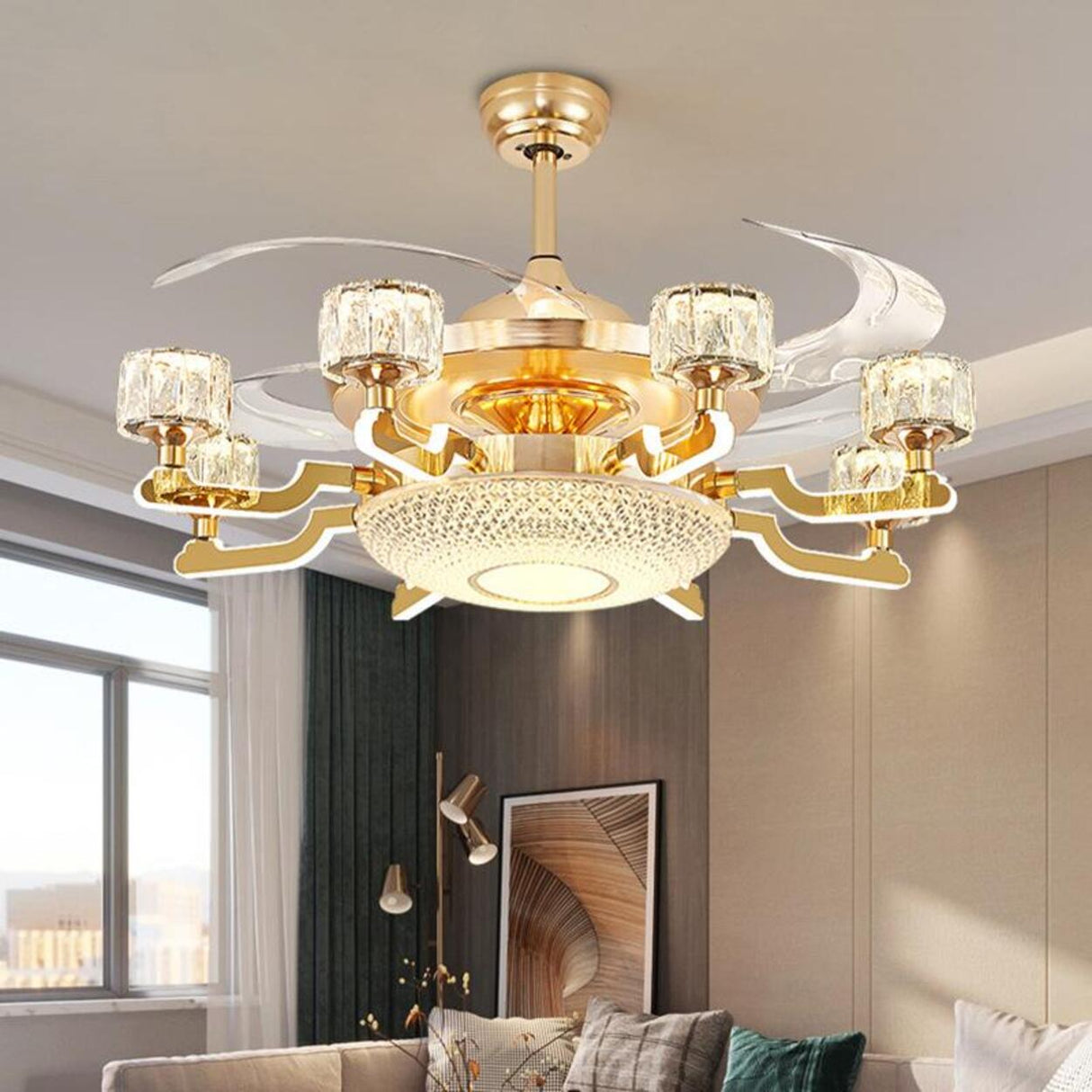 Luxury Gold Crystal 4 Blade Chandelier Fan with Light Image - 1