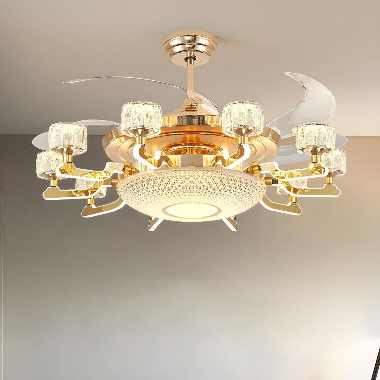 Luxury Gold Crystal 4 Blade Chandelier Fan with Light Image - 10
