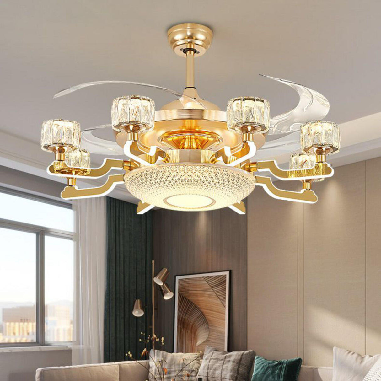 Luxury Gold Crystal 4 Blade Chandelier Fan with Light Image - 11