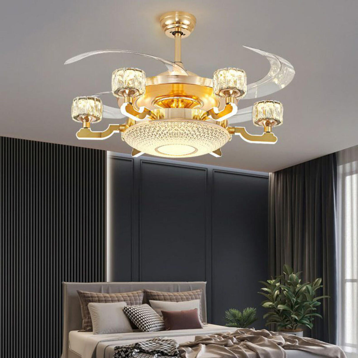 Luxury Gold Crystal 4 Blade Chandelier Fan with Light Image - 12