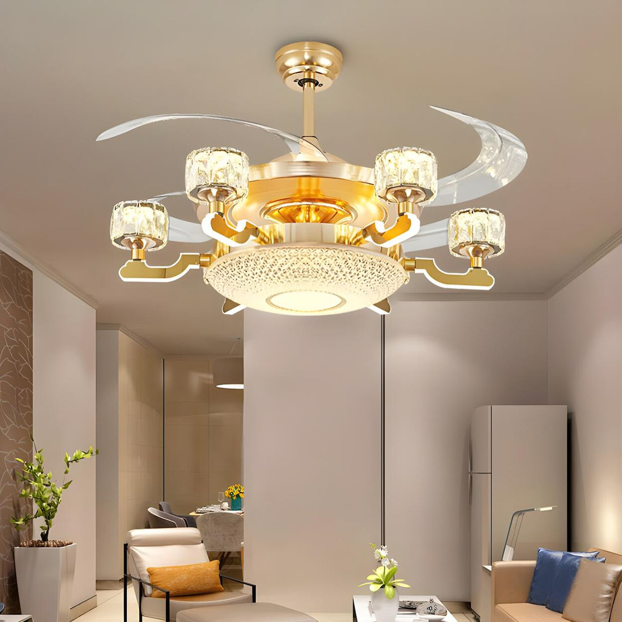 Luxury Gold Crystal 4 Blade Chandelier Fan with Light Image - 2