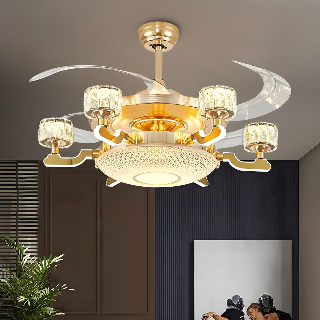 Luxury Gold Crystal 4 Blade Chandelier Fan with Light Image - 4