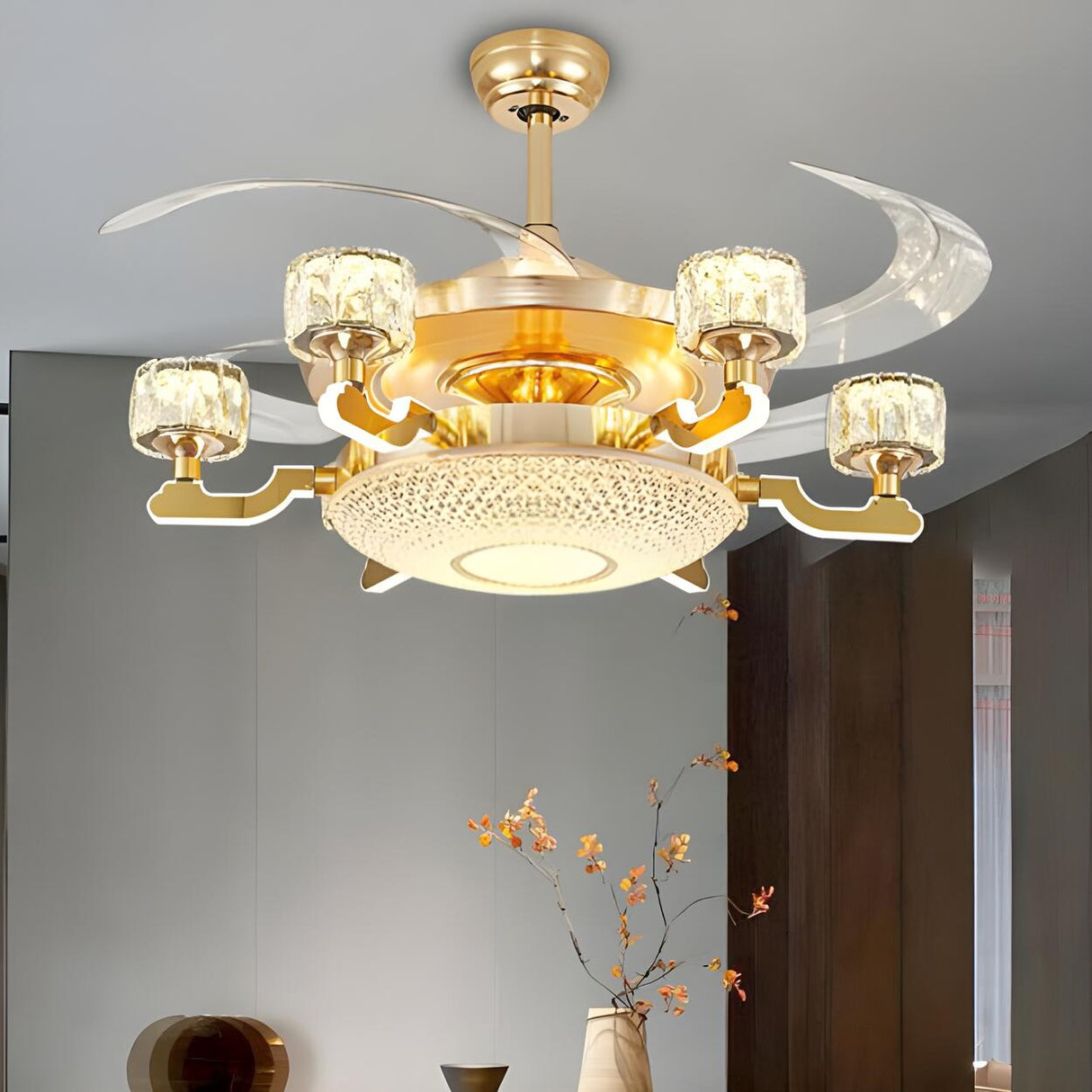 Luxury Gold Crystal 4 Blade Chandelier Fan with Light Image - 6