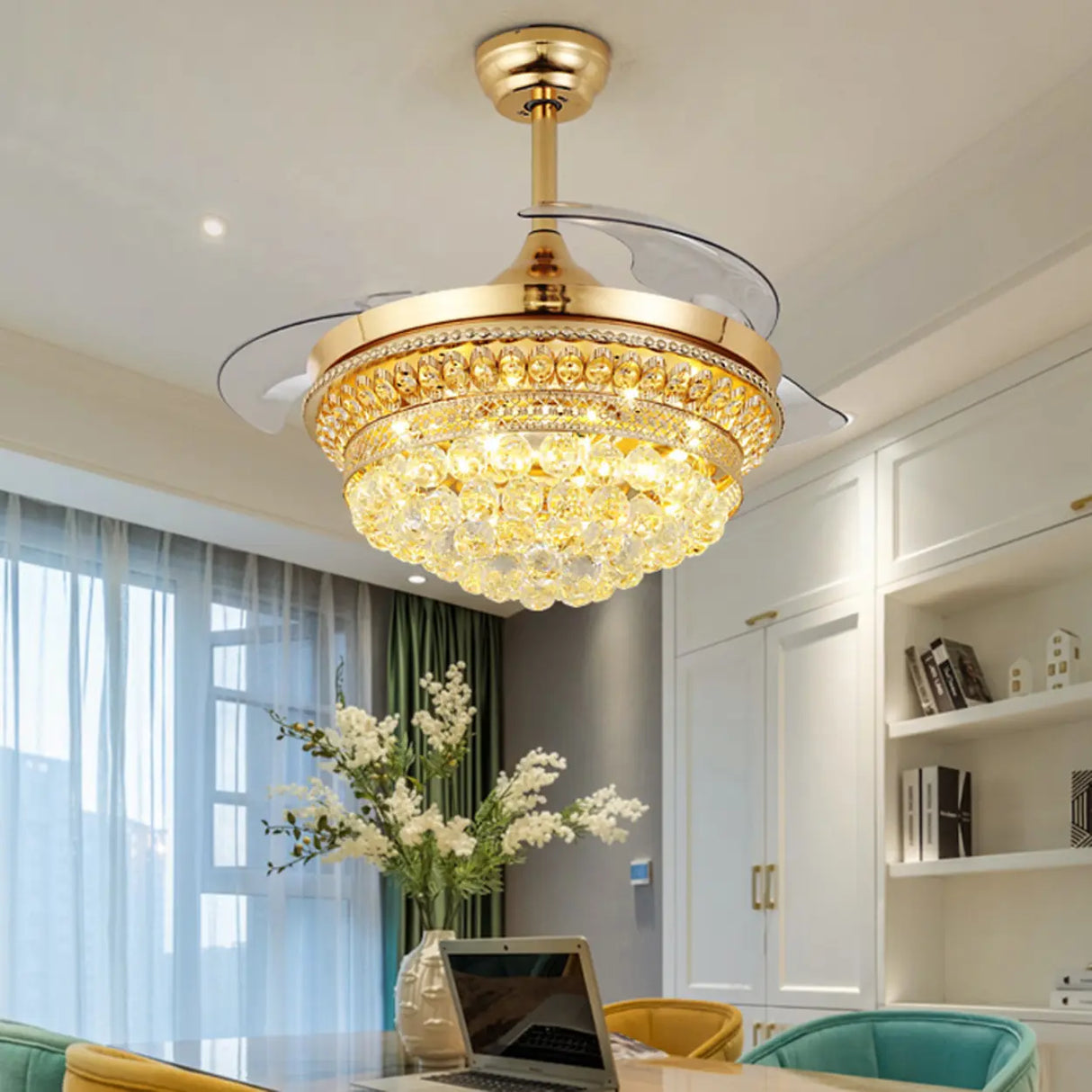 Luxury Gold Crystal Bowl Ceiling Fan with LED Light Image - 1
