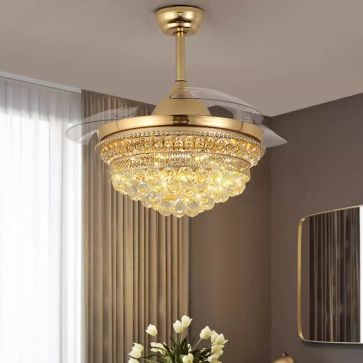 Luxury Gold Crystal Bowl Ceiling Fan with LED Light Image - 2
