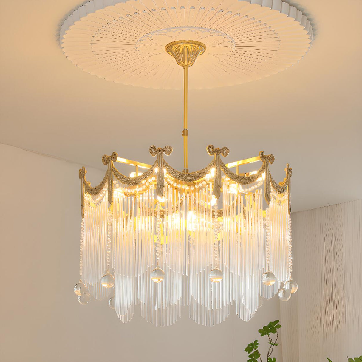 Luxury Gold Crystal Fringe Transparent Glass Chandelier Image - 1