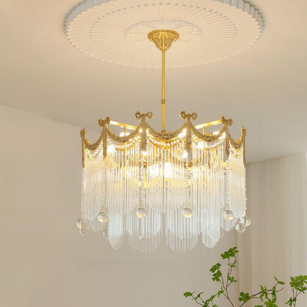 Luxury Gold Crystal Fringe Transparent Glass Chandelier Image - 2