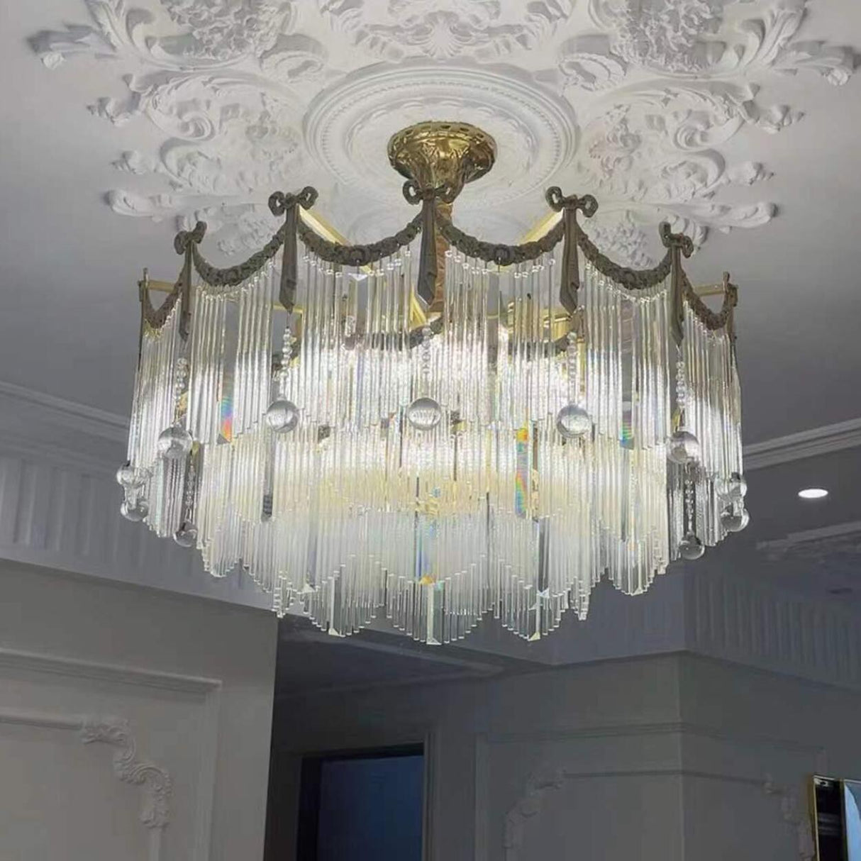 Luxury Gold Crystal Fringe Transparent Glass Chandelier Image - 3