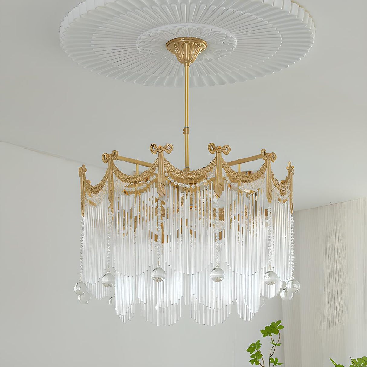 Luxury Gold Crystal Fringe Transparent Glass Chandelier Image - 4