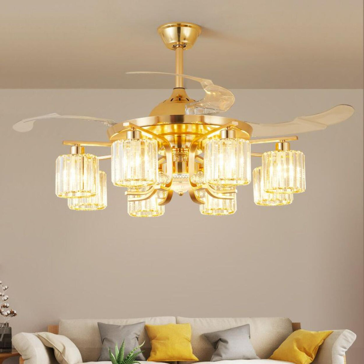 Luxury Gold Crystal Windmill Chandelier Fan with Light Image - 1