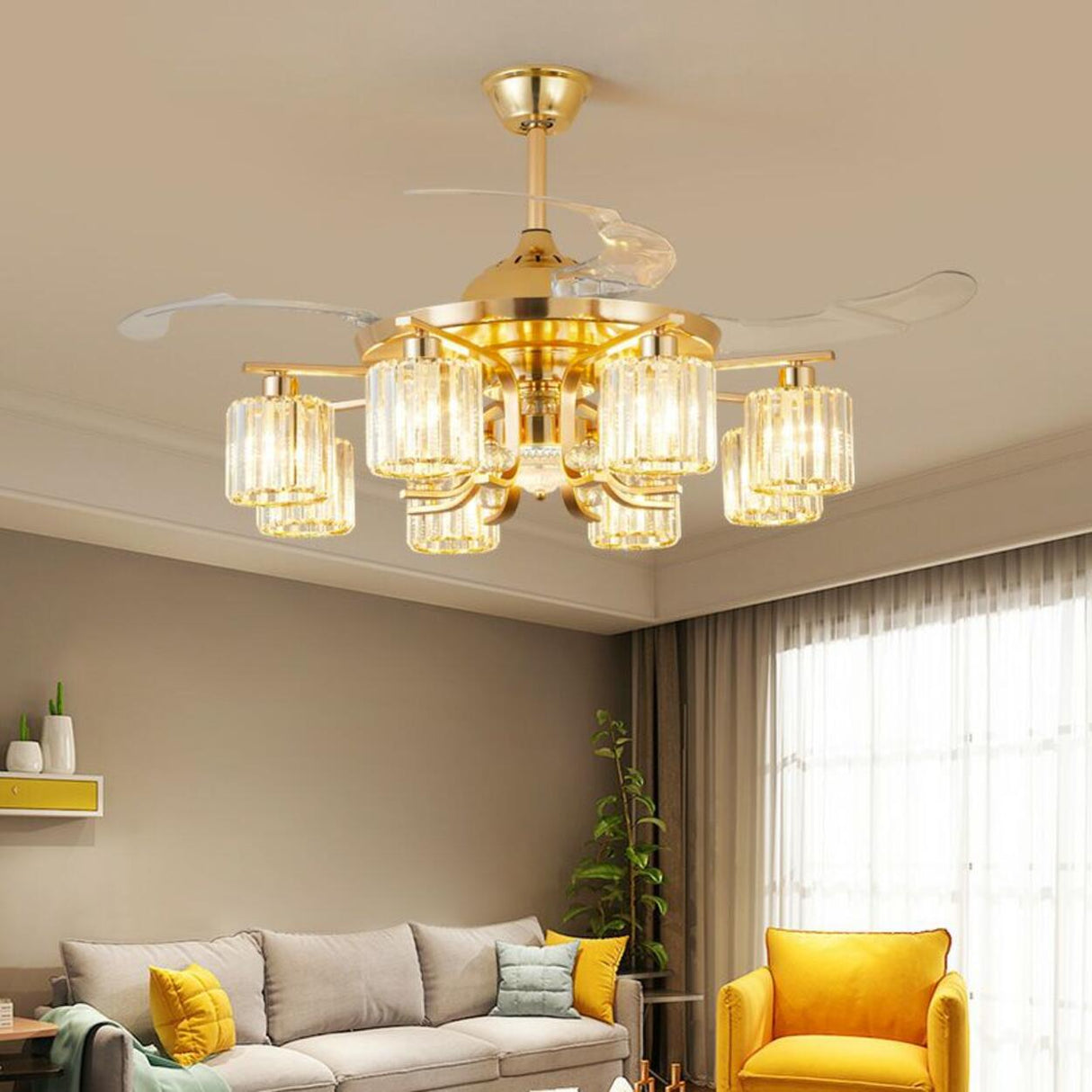 Luxury Gold Crystal Windmill Chandelier Fan with Light Image - 4