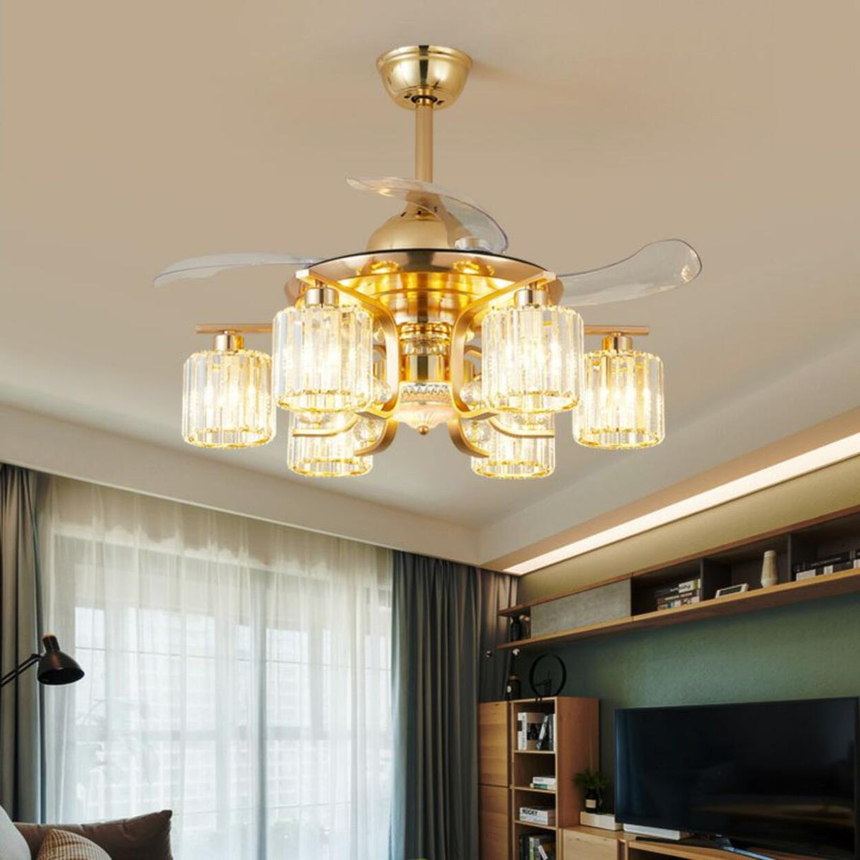 Luxury Gold Crystal Windmill Chandelier Fan with Light Image - 6