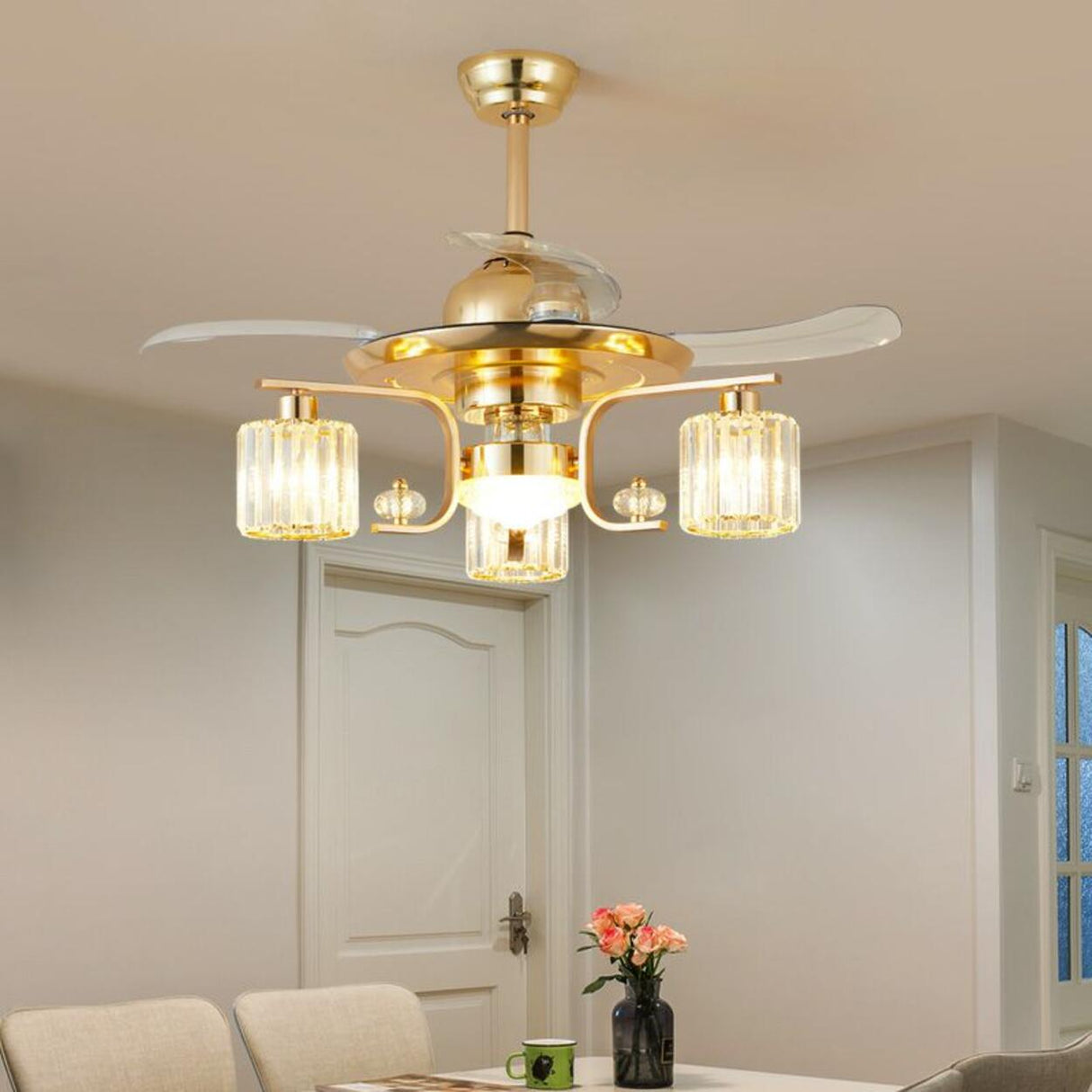 Luxury Gold Crystal Windmill Chandelier Fan with Light Image - 8