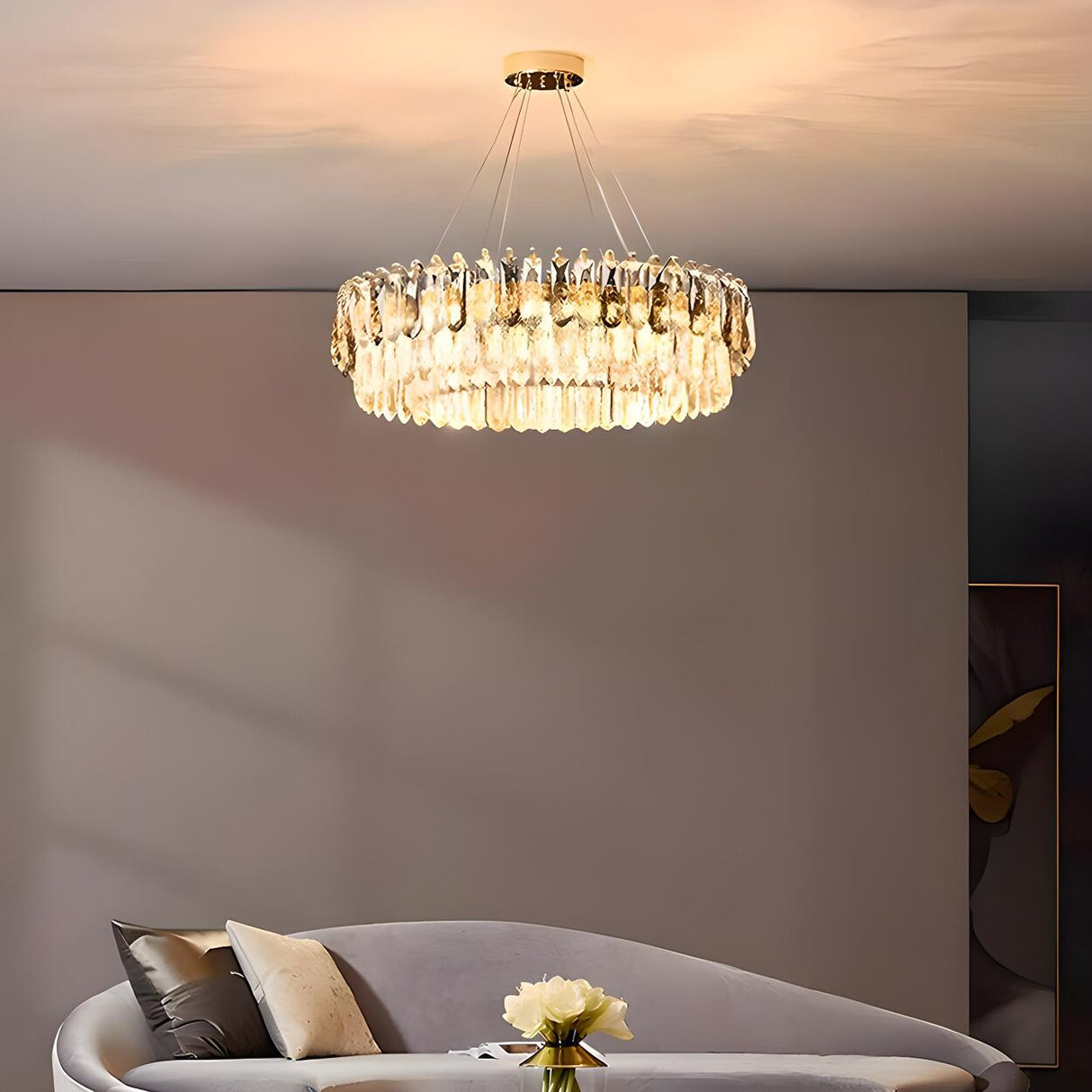 Luxury Gold Drum Circula Crystal Teardrop Chandelier Image - 4