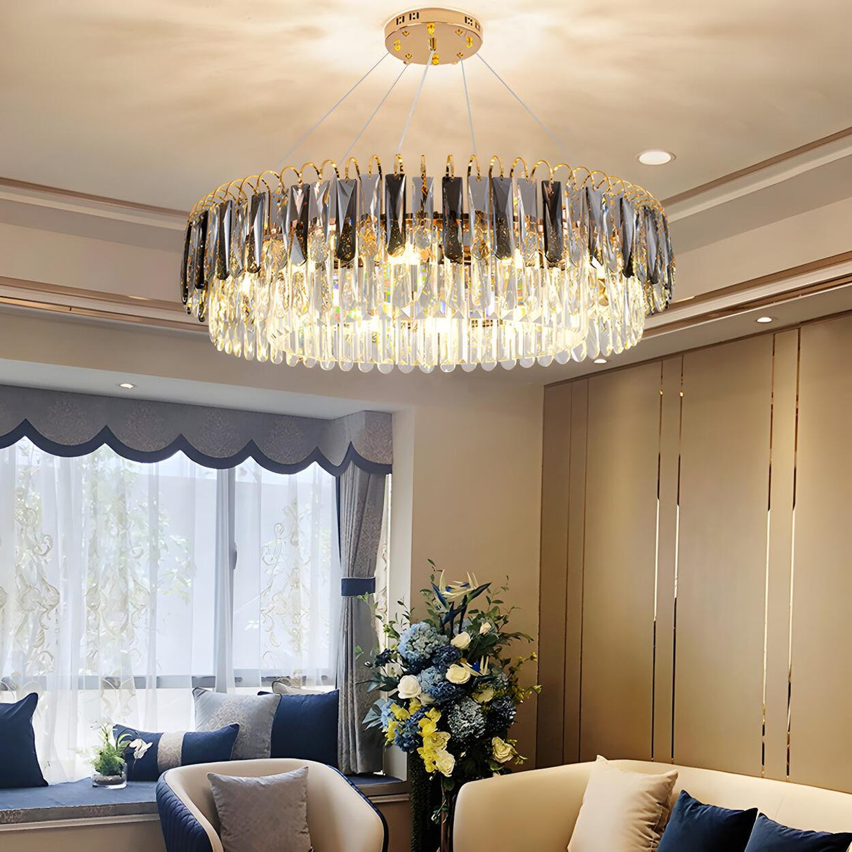 Luxury Gold Drum Circula Crystal Teardrop Chandelier Image - 6