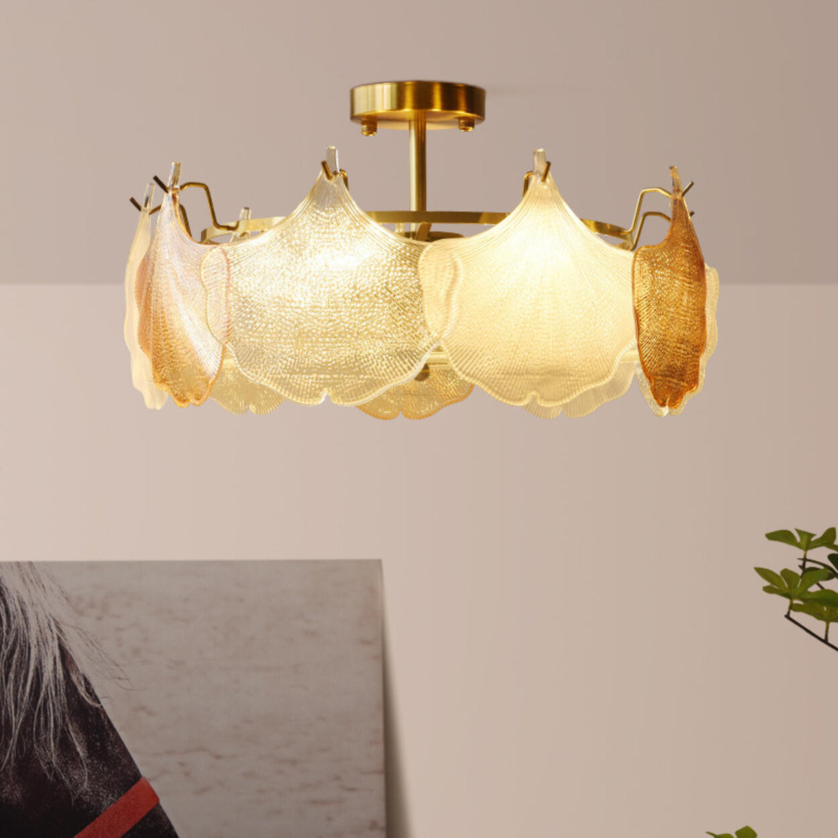 Luxury Gold Leaf Semi-Flush Mount Lamp Living Room Image - 3