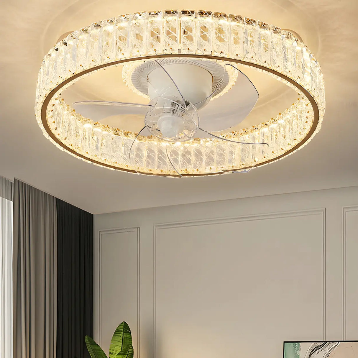 Luxury Gold Round Crystal Ceiling Fan with LED Light Image - 1