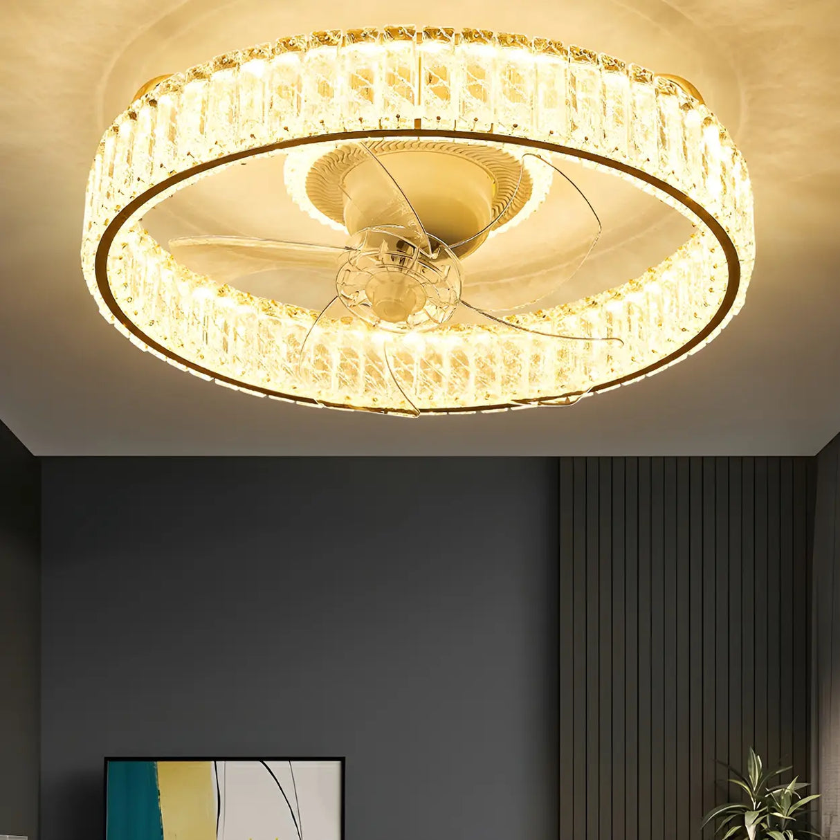 Luxury Gold Round Crystal Ceiling Fan with LED Light Image - 2