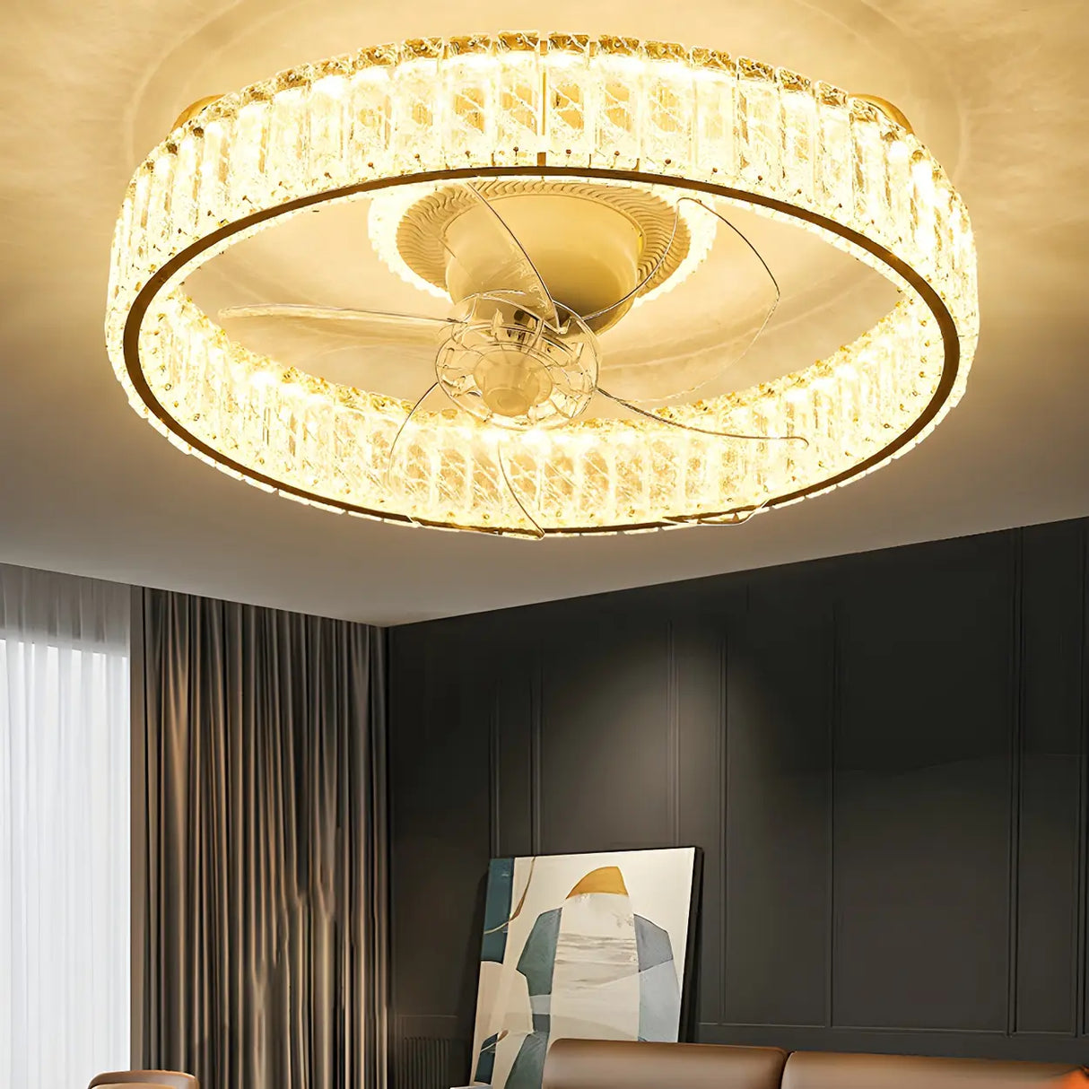Luxury Gold Round Crystal Ceiling Fan with LED Light Image - 3