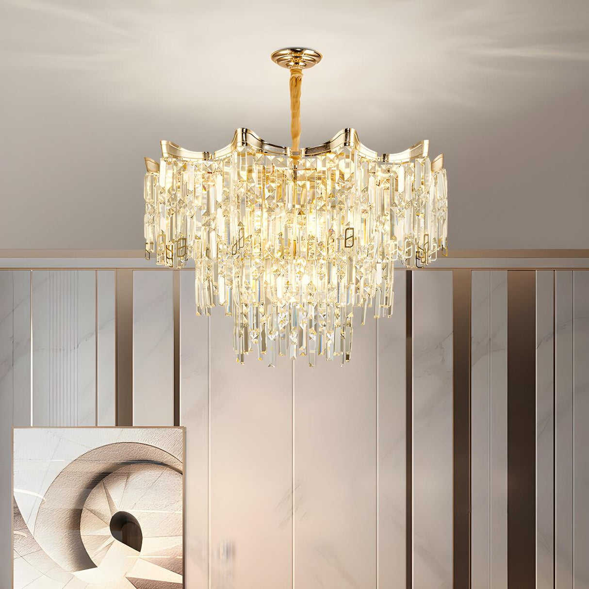 Luxury Gold Tiered Waterfall Crystal Chandelier Image - 1