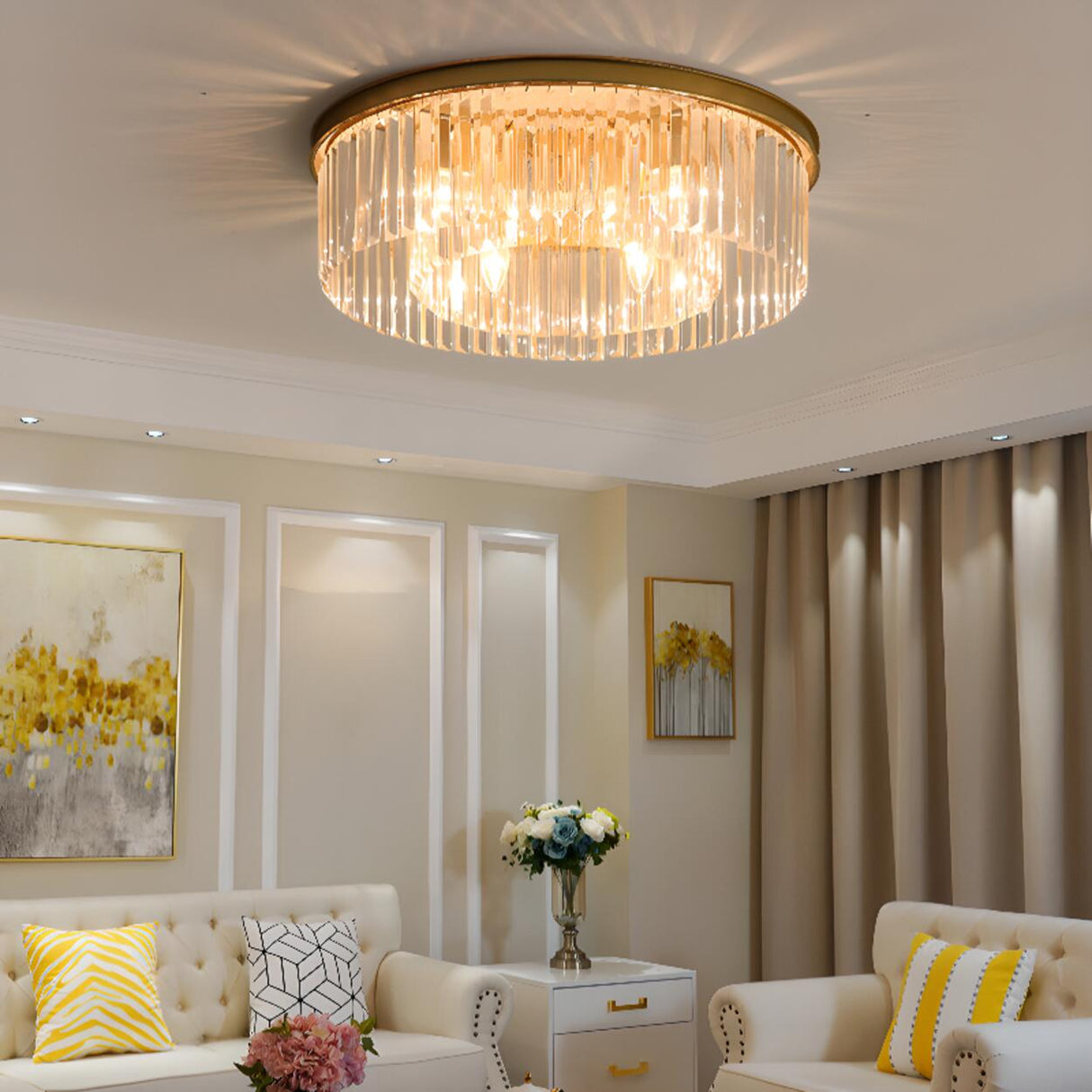 Luxury Gold Two-layer Crystal Strip Flush Mount Light Image - 3