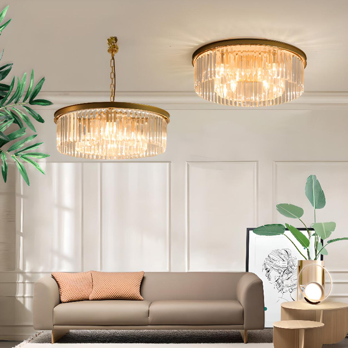 Luxury Gold Two-layer Crystal Strip Flush Mount Light Image - 4