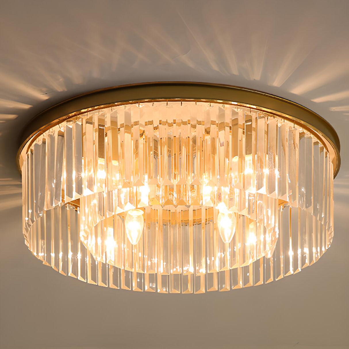 Luxury Gold Two-layer Crystal Strip Flush Mount Light Image - 9