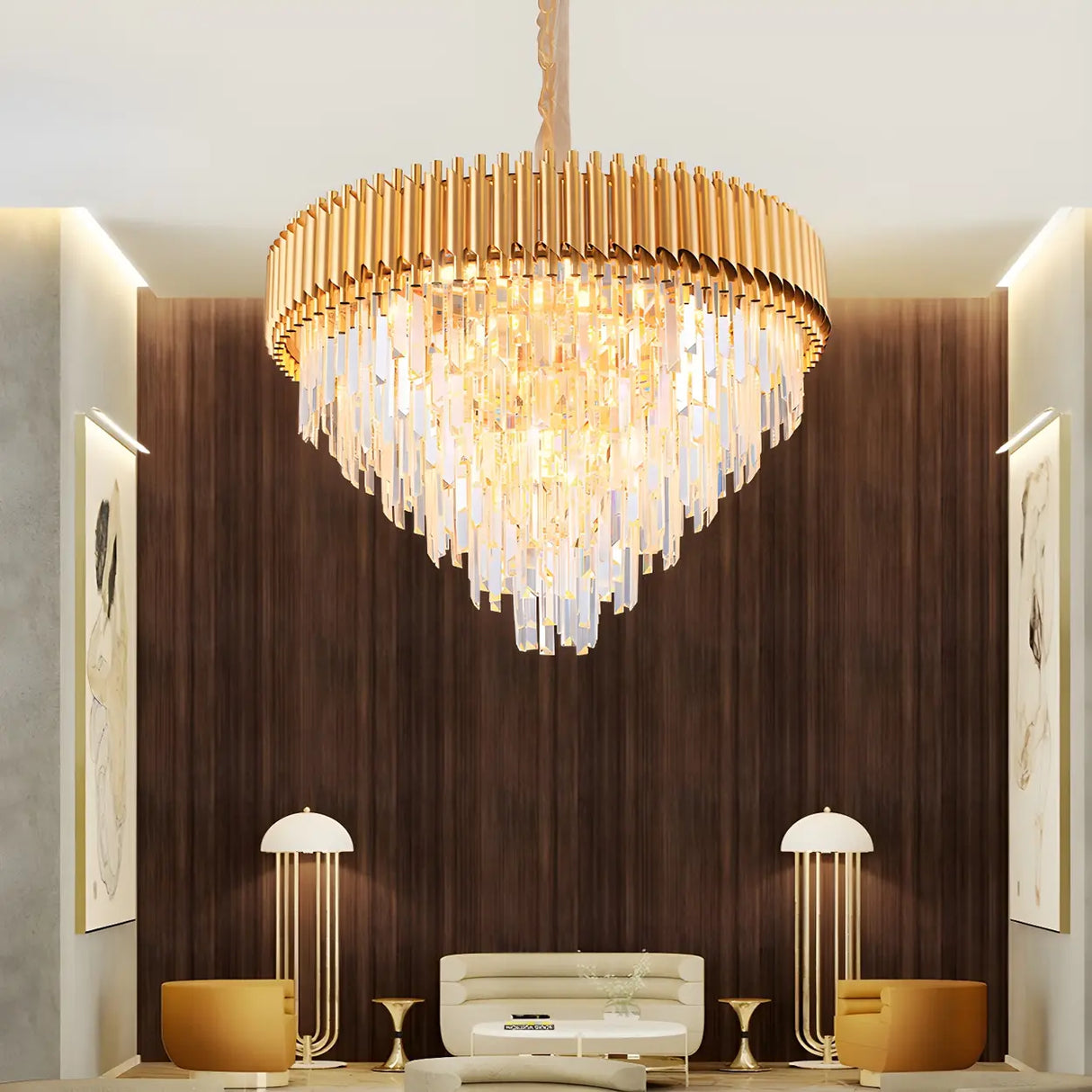 Luxury Golden Clear Crystal Tiered Chandelier Bedroom Image - 3