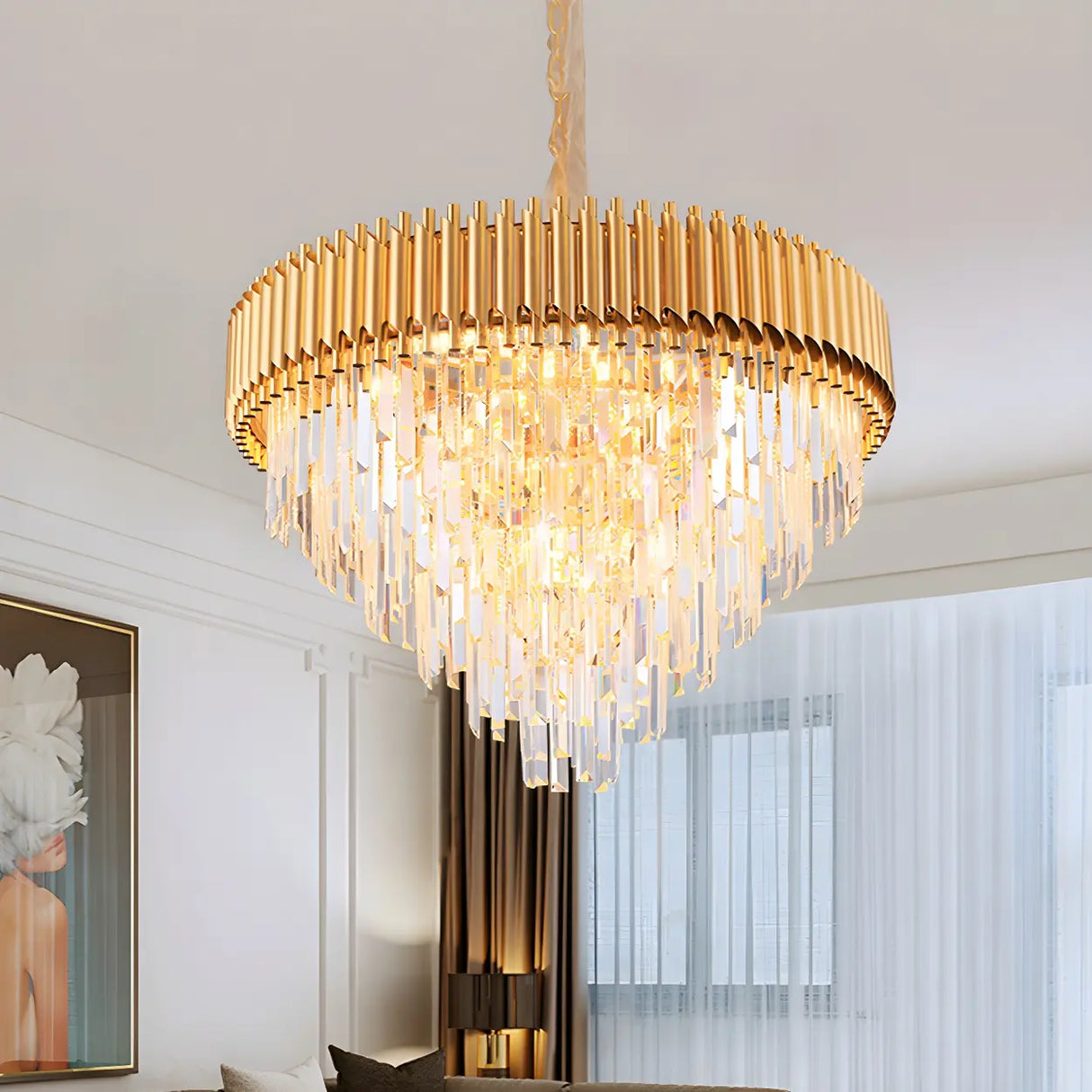 Luxury Golden Clear Crystal Tiered Chandelier Bedroom Image - 6