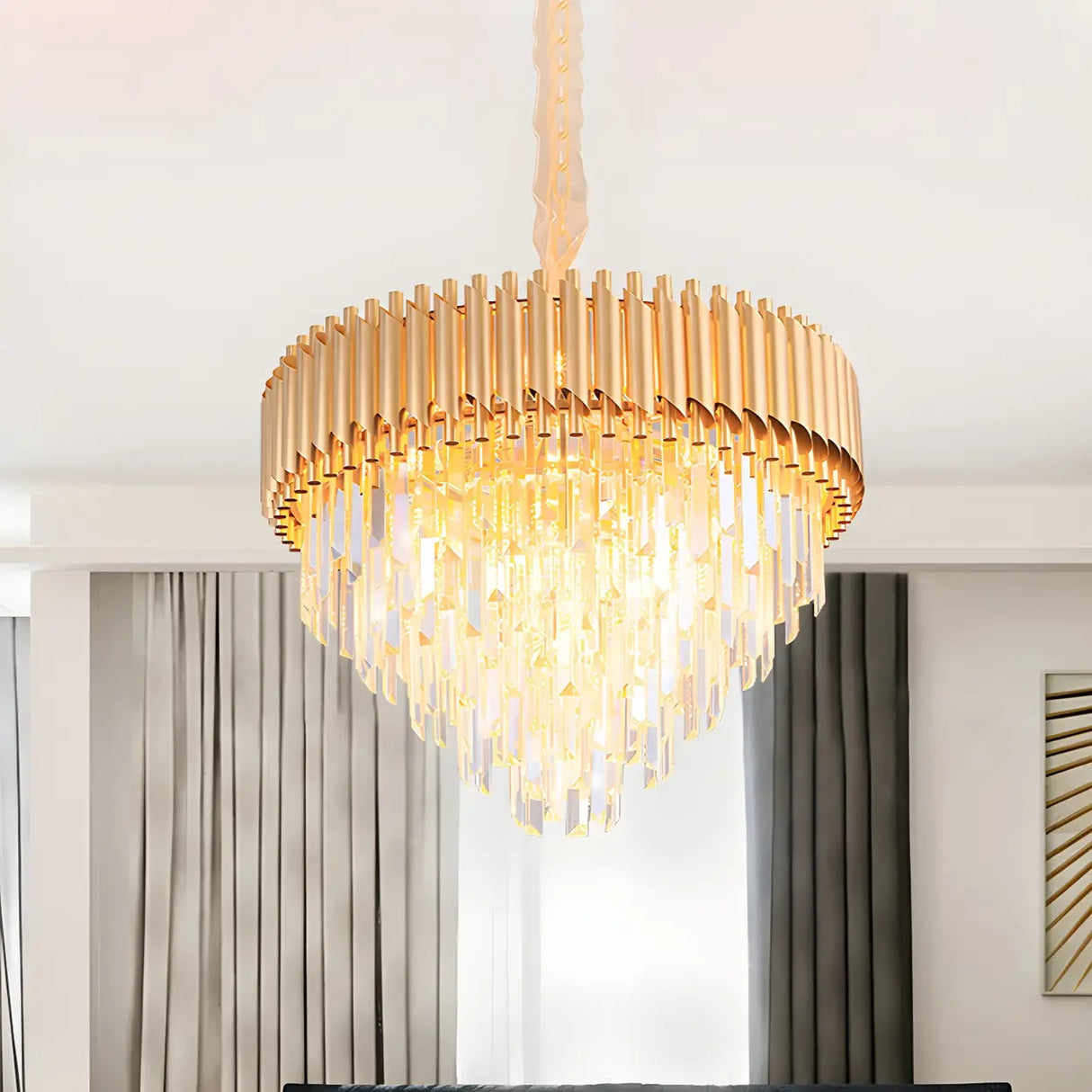 Luxury Golden Clear Crystal Tiered Chandelier Bedroom Image - 7