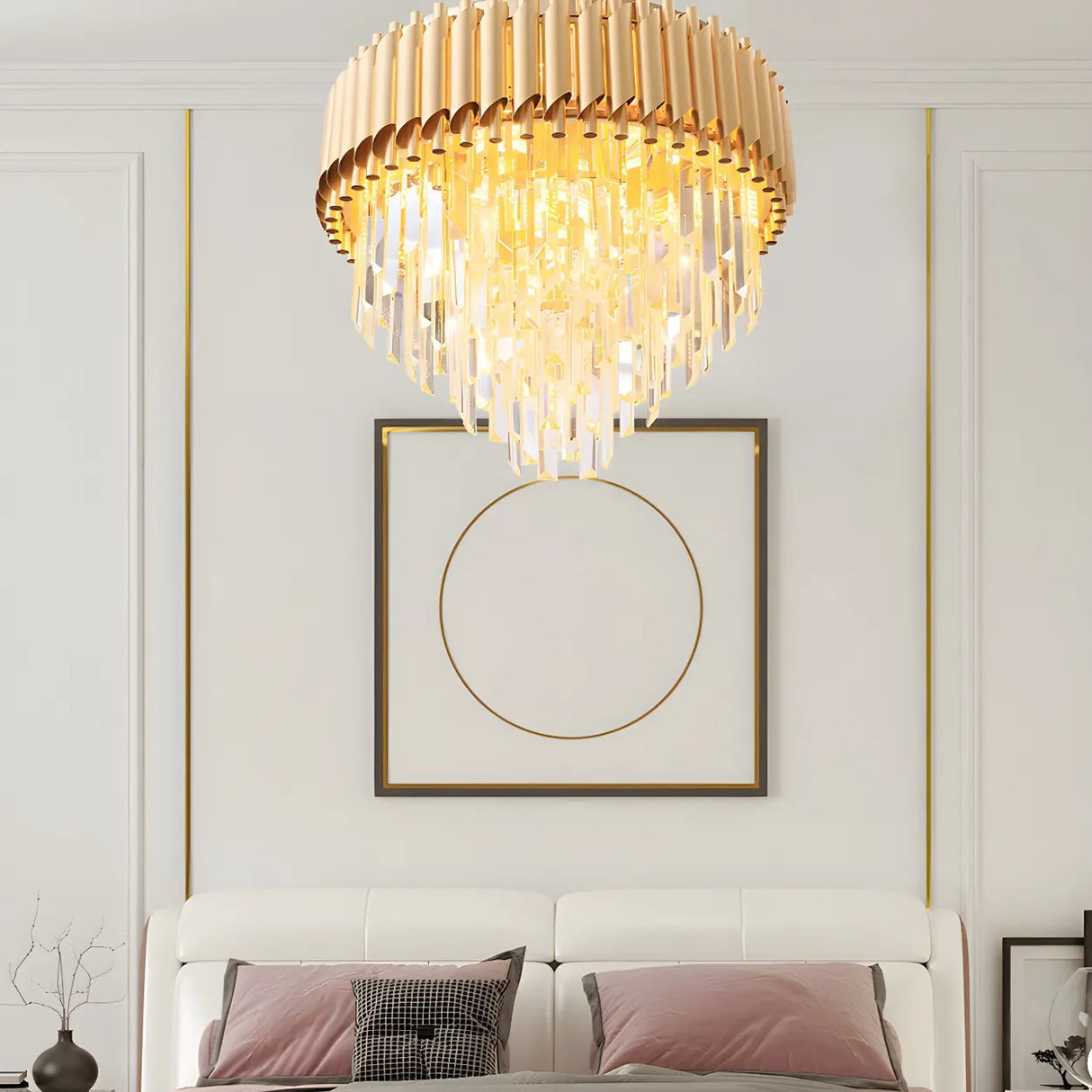 Luxury Golden Clear Crystal Tiered Chandelier Bedroom Image - 8