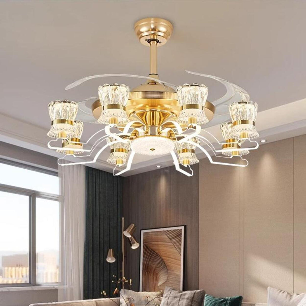 Luxury Golden Crystal Propeller Ceiling Fan with Light Image - 1