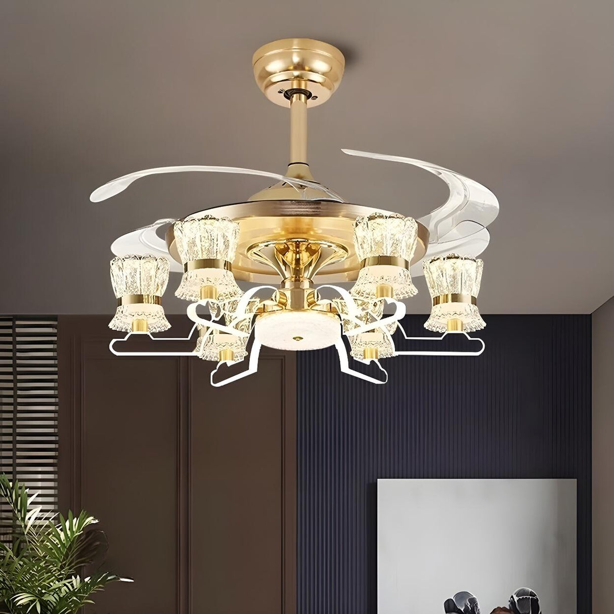 Luxury Golden Crystal Propeller Ceiling Fan with Light Image - 10