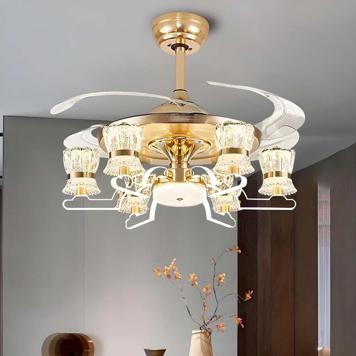 Luxury Golden Crystal Propeller Ceiling Fan with Light Image - 12