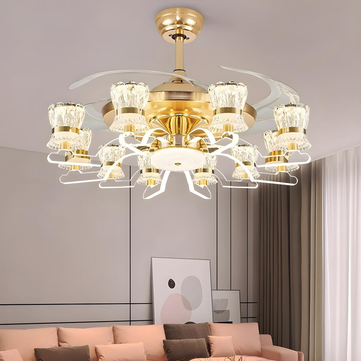 Luxury Golden Crystal Propeller Ceiling Fan with Light Image - 15