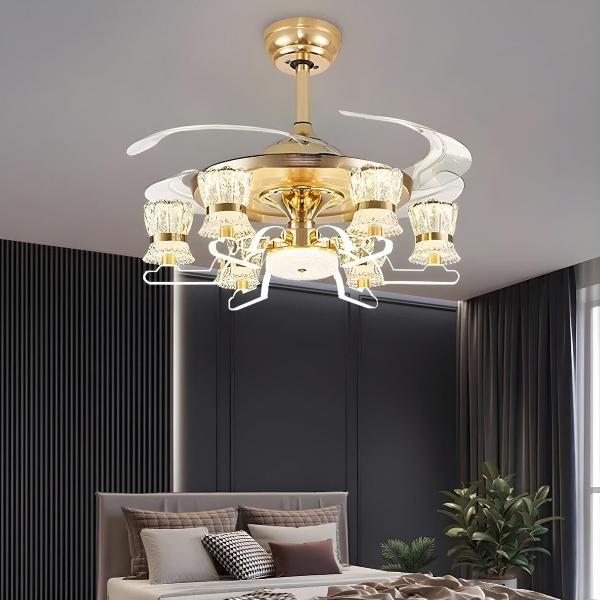 Luxury Golden Crystal Propeller Ceiling Fan with Light Image - 16
